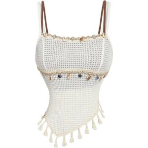 image:imageMakeMeChic Womens Boho Fringe Crochet Asymmetric Cami Tops Shell Spaghetti Strap Knitted CamisoleApricot and Brown