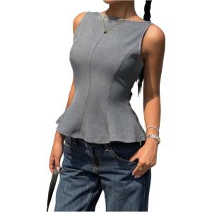 image:imageMakeMeChic Womens Bow Tie Backless Ruffle Tops Going Out Tank Tops Crew Neck Work Office Vest TopGrey