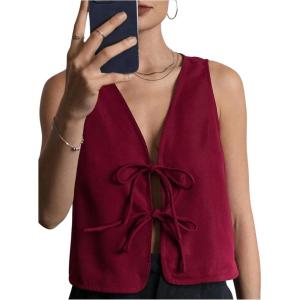 image:imageMakeMeChic Womens Bow Tie Front Vest V Neck Sleeveless Summer Vest TopsBurgundy