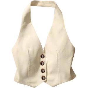image:imageMakeMeChic Womens Button Down Halter Vest Sleeveless Work Business WaistcoatApricot