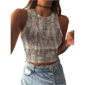 image:imageMakeMeChic Womens Camo Print Tank Top Crew Neck Sleeveless Slim Fit Summer Crop TopsGrey
