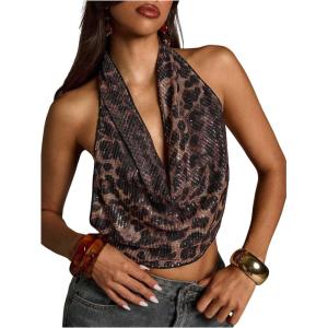 image:imageMakeMeChic Womens Cheetah Print Sequin Halter Top Tie Open Back Draped Y2K Crop Tank Tops ClubwearMulticolor