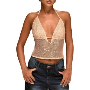 image:imageMakeMeChic Womens Contrast Sequin Sleeveless Halter Top Tie Backless Summer Going Out Crop TopsKhaki
