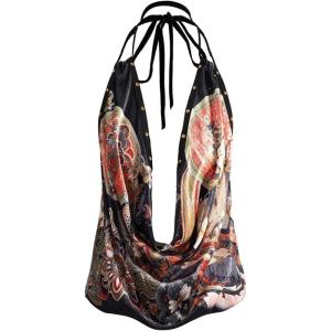 image:imageMakeMeChic Womens Deep V Neck Halter Tops Graphic Draped Open Back Y2k Going Out TopMulticolor
