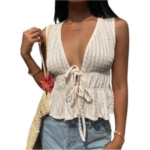 image:imageMakeMeChic Womens Deep V Neck Tie Front Tops Ruffle Bow Going Out Tops Crop VestApricot