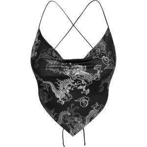 image:imageMakeMeChic Womens Dragon Graphic Bandana Top Halter Crop Criss Cross Boho Scarf Tank TopBlack and White