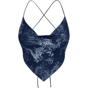 image:imageMakeMeChic Womens Dragon Graphic Bandana Top Halter Crop Criss Cross Boho Scarf Tank TopBlue