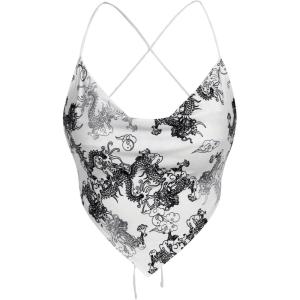 image:imageMakeMeChic Womens Dragon Graphic Bandana Top Halter Crop Criss Cross Boho Scarf Tank TopWhite