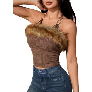 image:imageMakeMeChic Womens Faux Fur Leopard Halter Tops Metal Ring Tie Back Y2k Concert TopBrown