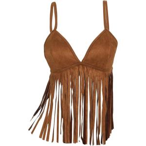 image:imageMakeMeChic Womens Faux Suede Camisole Spaghetti Strap Fringe Western Cowgirl TankBrown