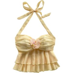 image:imageMakeMeChic Womens Floral Chiffon Halter Crop Tops Tie Backless Ruffle Tiered Smocked Summer TopYellow
