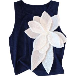 image:imageMakeMeChic Womens Floral Crop Tank Top Crew Neck Sleeveless Going Out TopsBlue