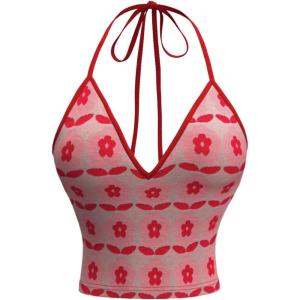 image:imageMakeMeChic Womens Floral Halter Crop Tops V Neck Tie Open Back Sleeveless Y2k Tank TopsMulticolor