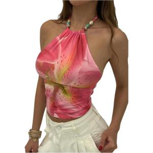 image:imageMakeMeChic Womens Floral Halter Tops Open Back Beaded Sleeveless Crop Summer Tank TopsPink