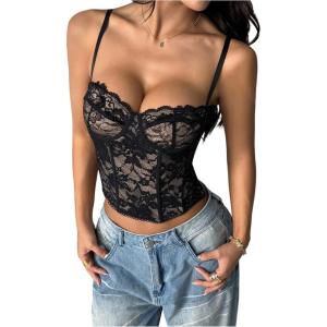 image:imageMakeMeChic Womens Floral Lace Bustier Top Spaghetti Strap Y2K Camisole Crop Going Out TopsBlack