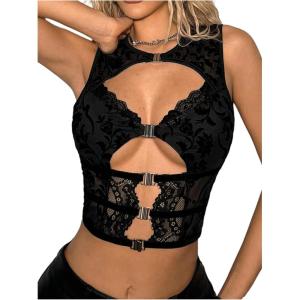 image:imageMakeMeChic Womens Floral Lace Crew Neck Tank Mesh Cut Out Sleeveless Club Crop TopsBlack
