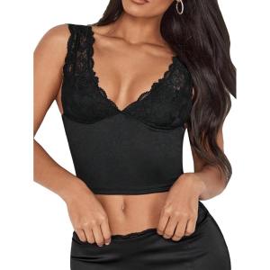 image:imageMakeMeChic Womens Floral Lace Deep V Neck Tank Sleeveless Fitted Crop Tops ClubwearBlack