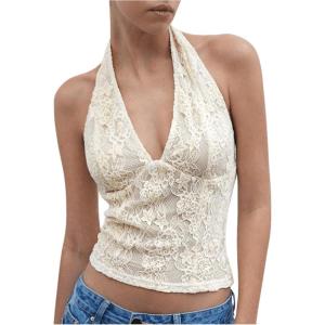 image:imageMakeMeChic Womens Floral Lace Halter Tops Sleeveless Fall Going Out Crop Tank TopsApricot