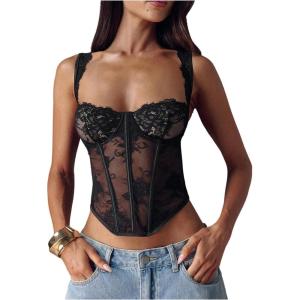image:imageMakeMeChic Womens Floral Lace Sheer Bustier Top Spaghetti Strap Going Out TopsBlack