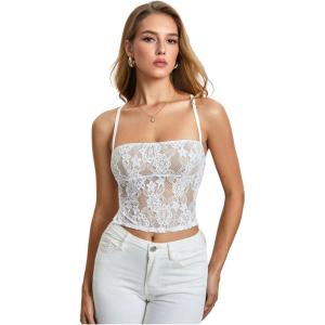 image:imageMakeMeChic Womens Floral Lace Sheer Camisole Spaghetti Strap Lace Up Backless Tank Crop TopWhite