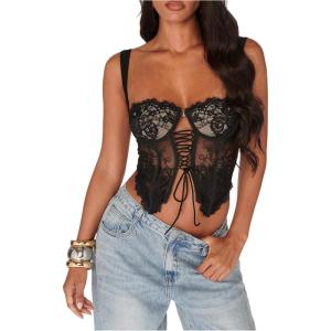 image:imageMakeMeChic Womens Floral Lace Tie Front Bustier Corset Sleeveless Going Out Tank Crop TopBlack B