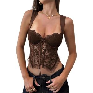image:imageMakeMeChic Womens Floral Lace Tie Front Bustier Corset Sleeveless Going Out Tank Crop TopBrown