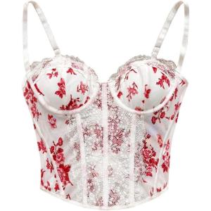 image:imageMakeMeChic Womens Floral Print Lace Bustier Corset Tops Spaghetti Strap Slim Fit Cami Crop TopRed and White