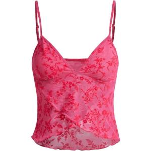 image:imageMakeMeChic Womens Floral Print Lettuce Trim Asymmetrical Hem Slim Fit Cami Crop TopHot Pink