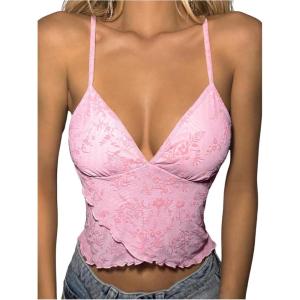 image:imageMakeMeChic Womens Floral Print Lettuce Trim Asymmetrical Hem Slim Fit Cami Crop TopPink