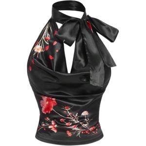 image:imageMakeMeChic Womens Floral Print Satin Halter Tops Shirred Knot Draped Summer ShirtBlack