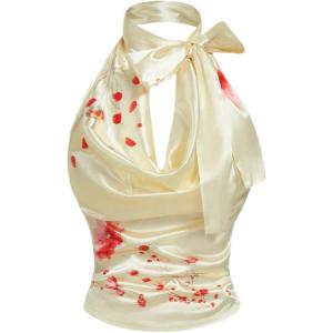 image:imageMakeMeChic Womens Floral Print Satin Halter Tops Shirred Knot Draped Summer ShirtYellow