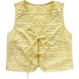 image:imageMakeMeChic Womens Floral Print Tie Front Vest Outerwear Sleeveless V Neck Boho VestsYellow