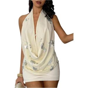 image:imageMakeMeChic Womens Floral Sequin Halter Top Draped Sleeveless Summer Elegant Party TopsApricot