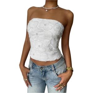 image:imageMakeMeChic Womens Floral Tube Top Elegant Beaded Strapless Bandeau Sleeveless Going Out Crop TopsWhite