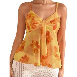 image:imageMakeMeChic Womens Floral V Neck Camisole Sleeveless Ruched Spaghetti Strap Tank Ruffle Y2k TopsBurnt Orange