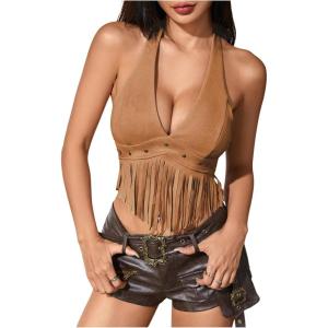 image:imageMakeMeChic Womens Fringe Rodeo Faux Suede Halter Tops Tie Backless Sleeveless Western Cowgirl Concert OutfitsBrown
