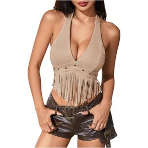 image:imageMakeMeChic Womens Fringe Rodeo Faux Suede Halter Tops Tie Backless Sleeveless Western Cowgirl Concert OutfitsBrown a