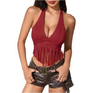 image:imageMakeMeChic Womens Fringe Rodeo Faux Suede Halter Tops Tie Backless Sleeveless Western Cowgirl Concert OutfitsRed