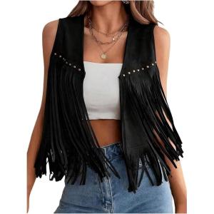 image:imageMakeMeChic Womens Fringe Tops Rivet Suede Sleeveless Concert Western Vest Cowboy JacketBlack