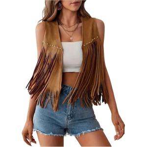 image:imageMakeMeChic Womens Fringe Tops Rivet Suede Sleeveless Concert Western Vest Cowboy JacketBrown