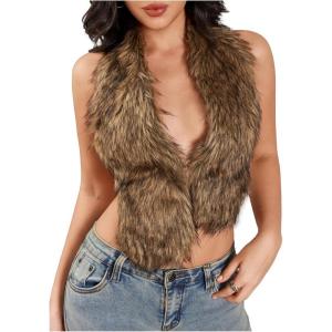 image:imageMakeMeChic Womens Fuzzy Faux Fur Halter Top Sleeveless Tie Backless Summer Going Out Tops Cowboy Chic OutfitsKhaki
