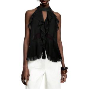 image:imageMakeMeChic Womens Going Out Halter Ruffle Tops Mesh Tie Back Tank Tops Cut Out Sleeveless OutfitBlack