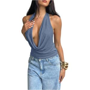 image:imageMakeMeChic Womens Going Out Halter Tops Backless Y2k Cowl Neck Tops Rave OutfitsDusty Blue