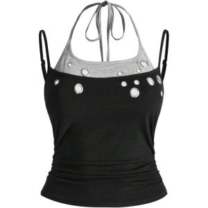 image:imageMakeMeChic Womens Grommet Eyelet Halter Tops Tie Backless Summer Punk Party Crop Tank TopsBlack