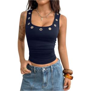 image:imageMakeMeChic Womens Grommet Eyelet Tank Top Grunge Sleeveless Punk Y2K Crop TopsBlue
