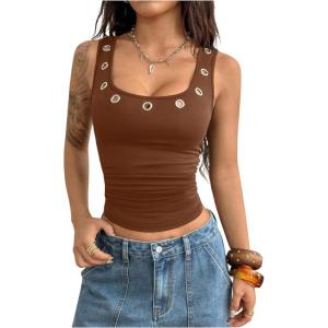 image:imageMakeMeChic Womens Grommet Eyelet Tank Top Grunge Sleeveless Punk Y2K Crop TopsBrown
