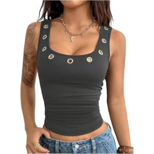 image:imageMakeMeChic Womens Grommet Eyelet Tank Top Grunge Sleeveless Punk Y2K Crop TopsGrey