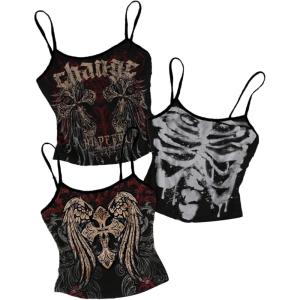 image:imageMakeMeChic Womens Grunge Goth Top 3 Pack Punk Y2k Crop Spaghetti Strap Fitted CamisoleMulticolor