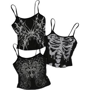 image:imageMakeMeChic Womens Grunge Goth Top 3 Pack Punk Y2k Crop Spaghetti Strap Fitted CamisoleMulticolor B