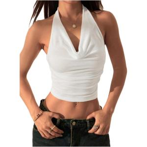 image:imageMakeMeChic Womens Halter Top Draped Neck Backless Y2k Sleeveless Crop Tank Tops Party ClubwearWhite